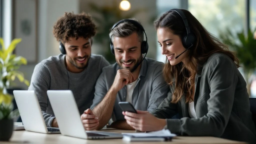 Three people wearing headsets sit together at a table with laptops, smiling and looking at a mobile phone, in a bright modern office with plants in the background.