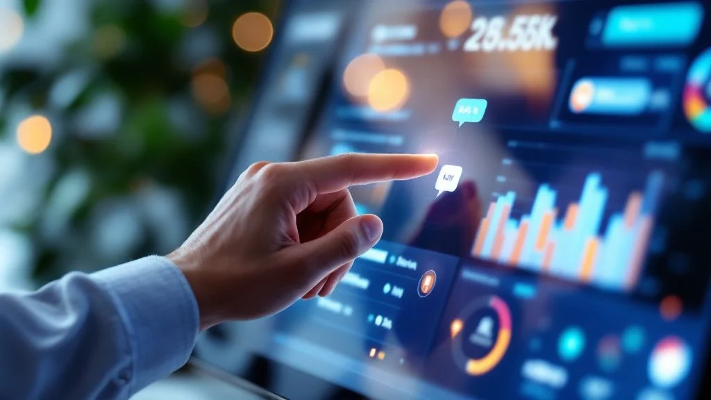 A person’s hand points at a digital screen displaying colourful graphs, charts, and data visualisations, representing financial or business analytics in a modern, high-tech environment.