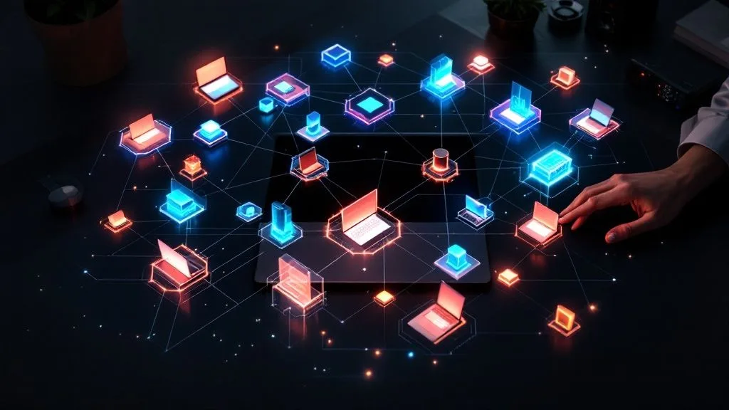 A person’s hand reaches towards a digital network of glowing, holographic laptops and data nodes connected by lines, hovering above a tablet on a dark desk, illustrating how businesses use cloud computing and data sharing.