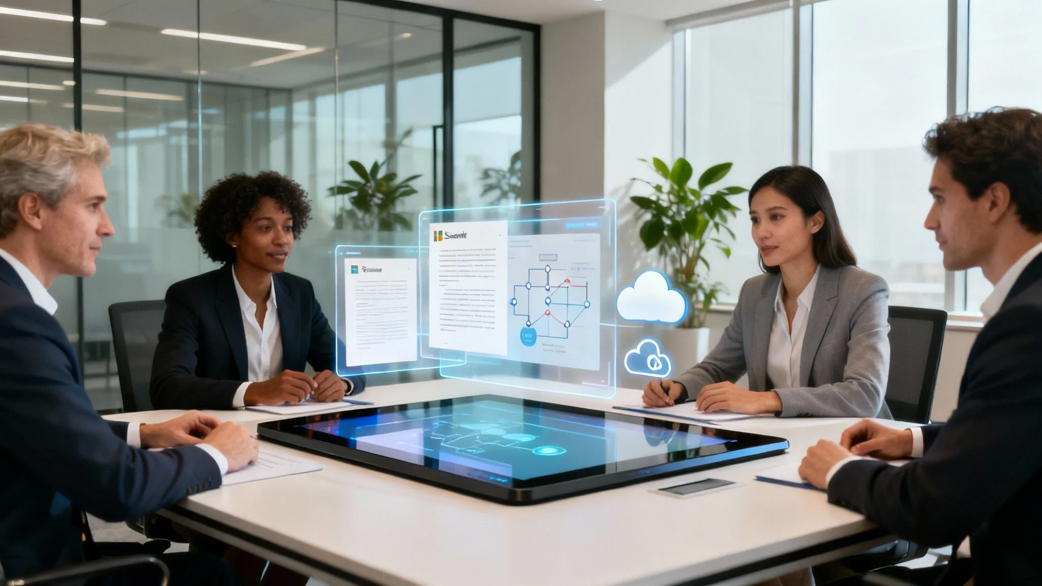 Four business professionals sit around a table with a digital screen, reviewing holographic charts and documents in a modern office with glass walls and plants.
