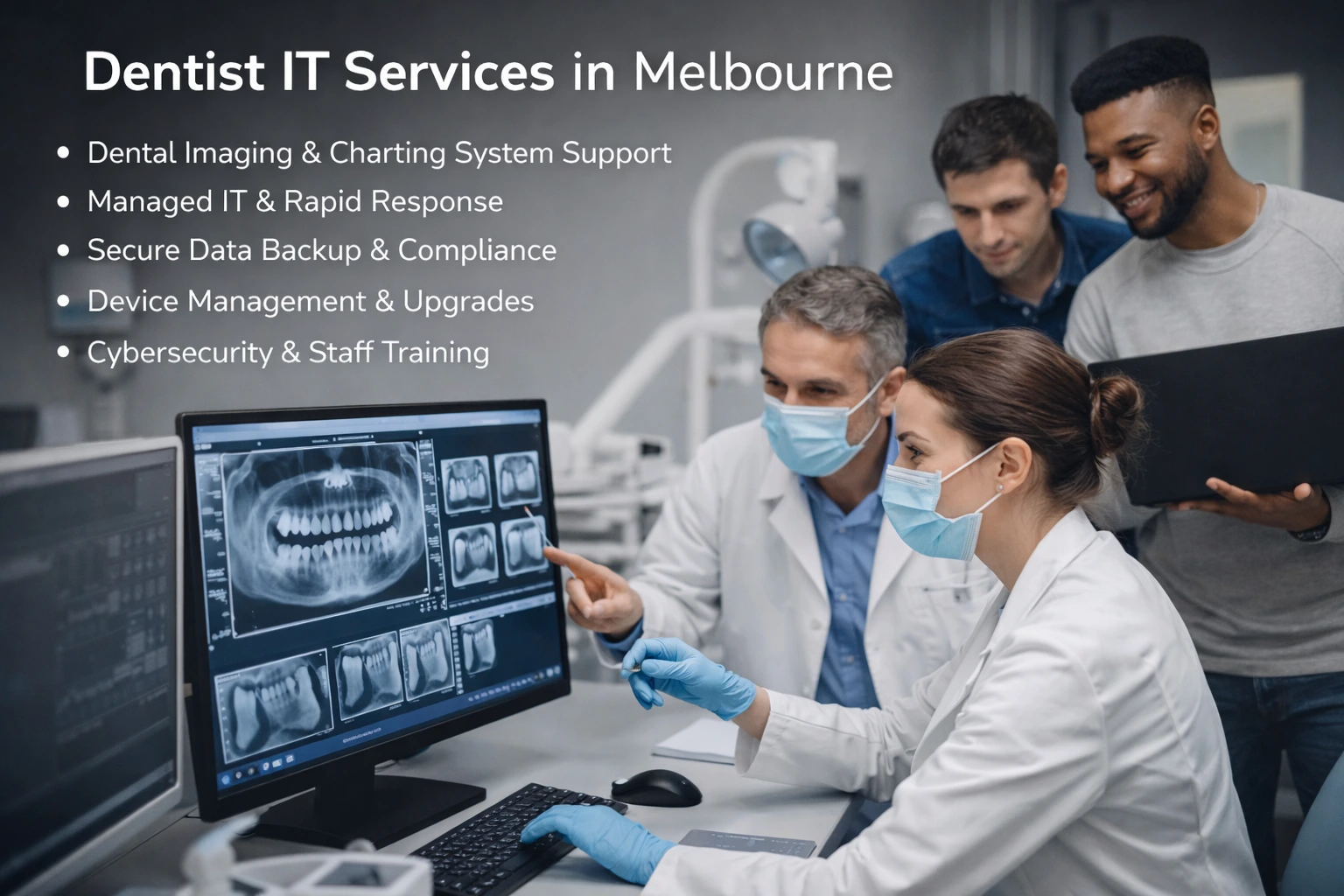 Four dental professionals in masks and lab coats review dental X-ray images on a computer. A screen displays a list of IT services for dentists in Melbourne, including imaging, backup, upgrades, cyber security, and staff training. Dentist IT Services in Melbourne