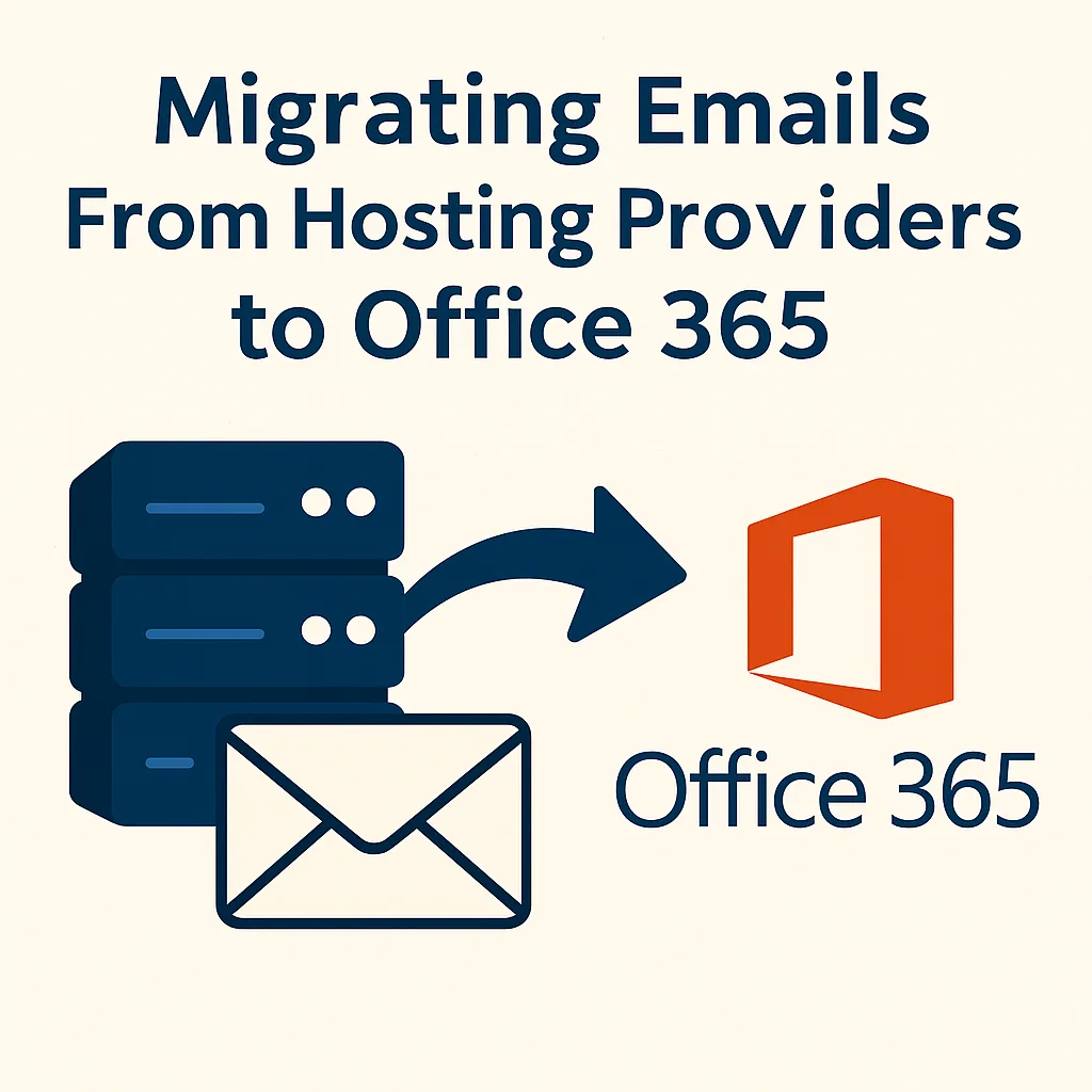 Illustration showing a server and envelope icon with an arrow pointing to the Office 365 logo, accompanied by the text: Migrating Emails From Hosting Providers to Microsoft 365 – A Business Guide.