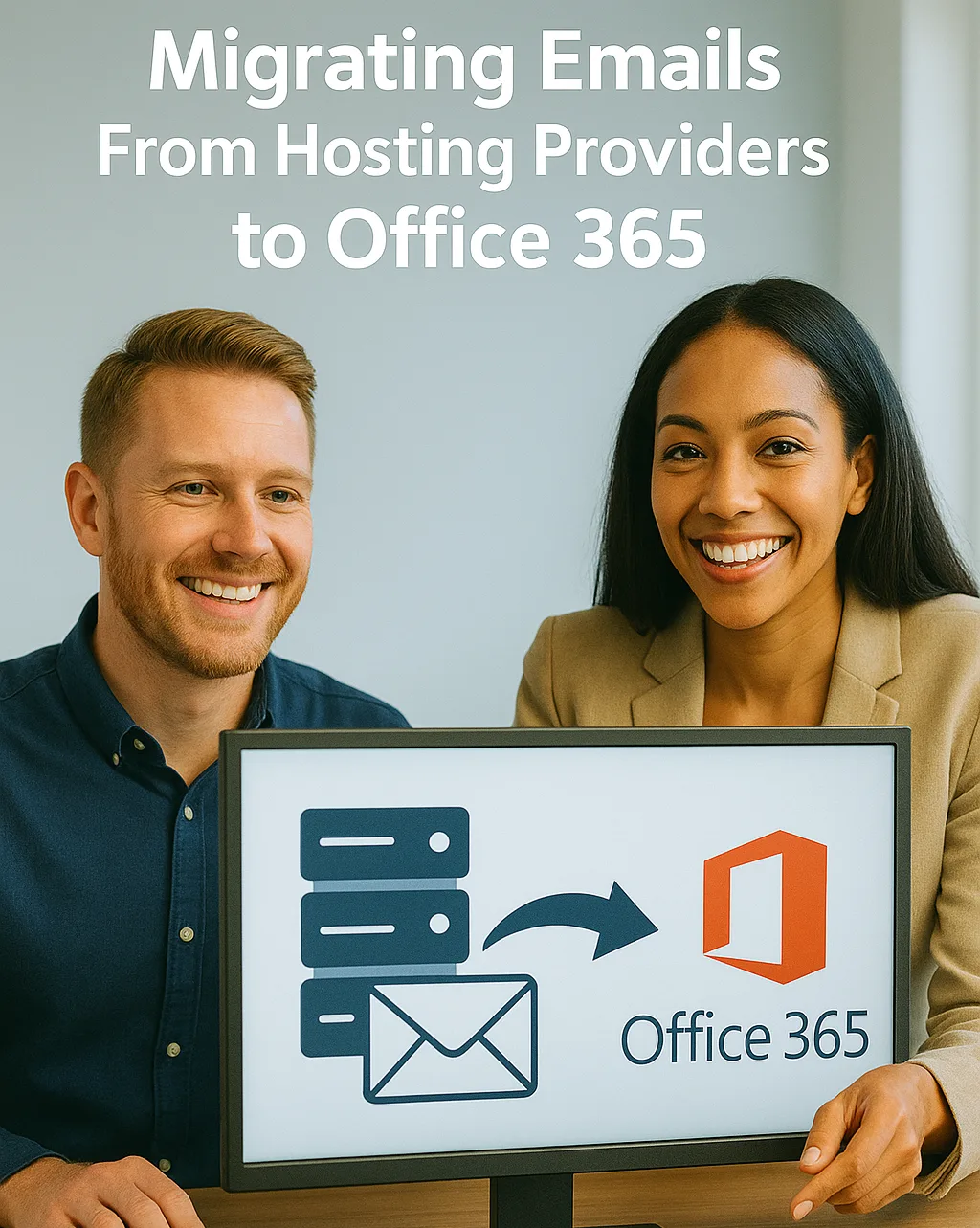 Two smiling office workers look at a computer screen displaying an email migration graphic and the Office 365 logo, with the text Migrating Emails From Hosting Providers to Office 365 above them.