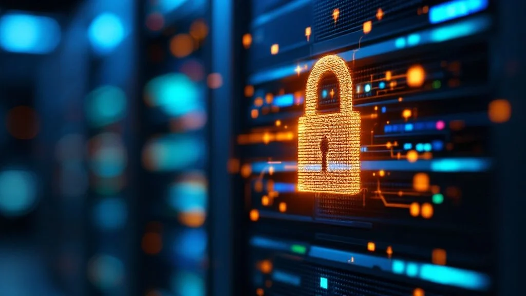A glowing orange padlock icon appears on a digital screen in a server room, symbolising cybersecurity and data protection, with blurred server racks in the background.