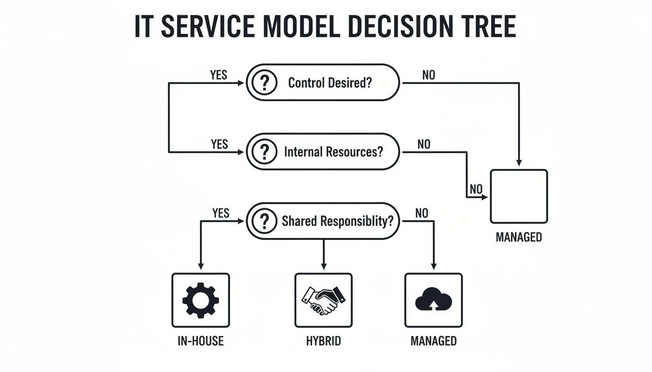 A decision tree diagram for IT service models, showing questions about control, internal resources, and shared responsibility, leading to in-house, hybrid, or managed service options.