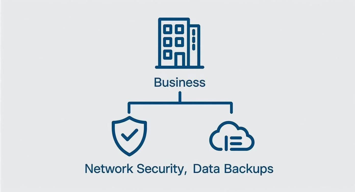A simple graphic shows a building labelled Business connected by lines to icons and text for Network Security with a shield and Data Backups with a cloud.