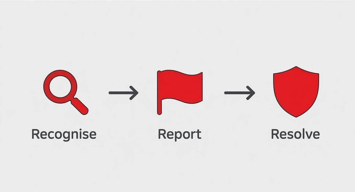 A magnifying glass labelled Recognise, a red flag labelled Report, and a red shield labelled Resolve, connected by right arrows, illustrating a three-step process.