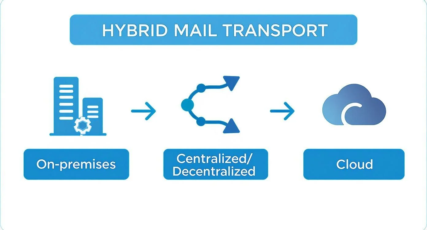 A diagram titled Hybrid Mail Transport shows three stages: On-premises (a building icon), Centralised/Decentralised (network nodes), and Cloud (cloud icon), each linked by arrows.