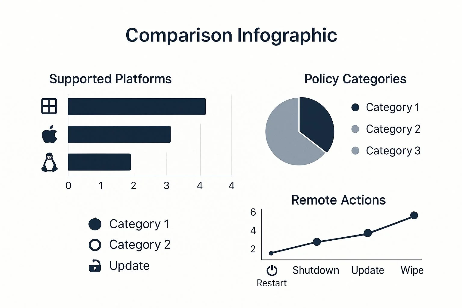 Infographic showing a bar chart of supported platforms, a pie chart of policy categories, a line chart of remote actions, and a key for three categories: Category 1, Category 2, and Update.