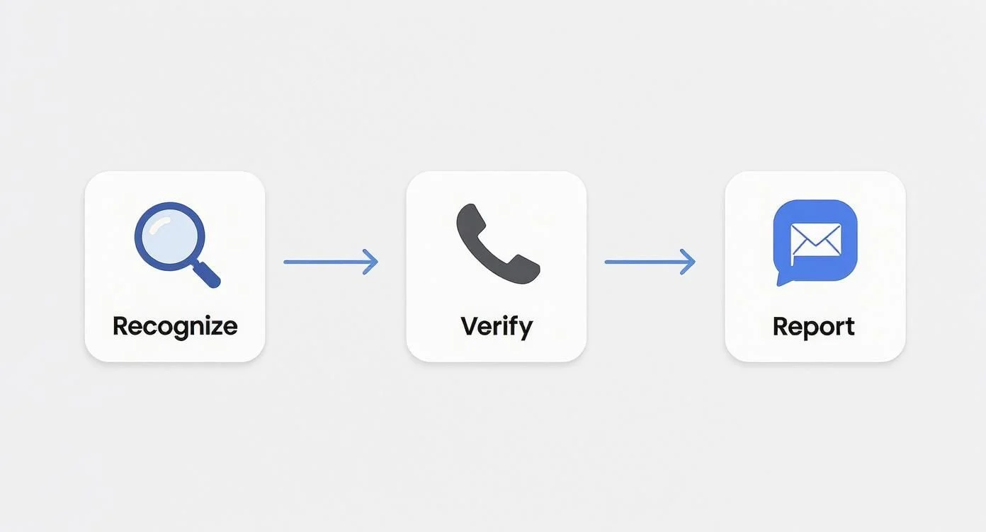 A flowchart with three steps: Recognise (magnifying glass icon), Verify (telephone icon), and Report (envelope icon), connected by arrows from left to right.