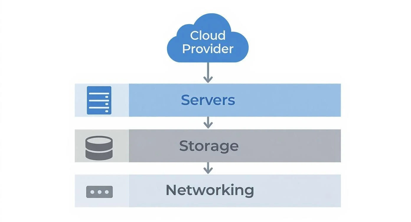 A diagram showing a cloud provider at the top, with arrows pointing down to three layers labelled Servers, Storage, and Networking, each with corresponding icons.