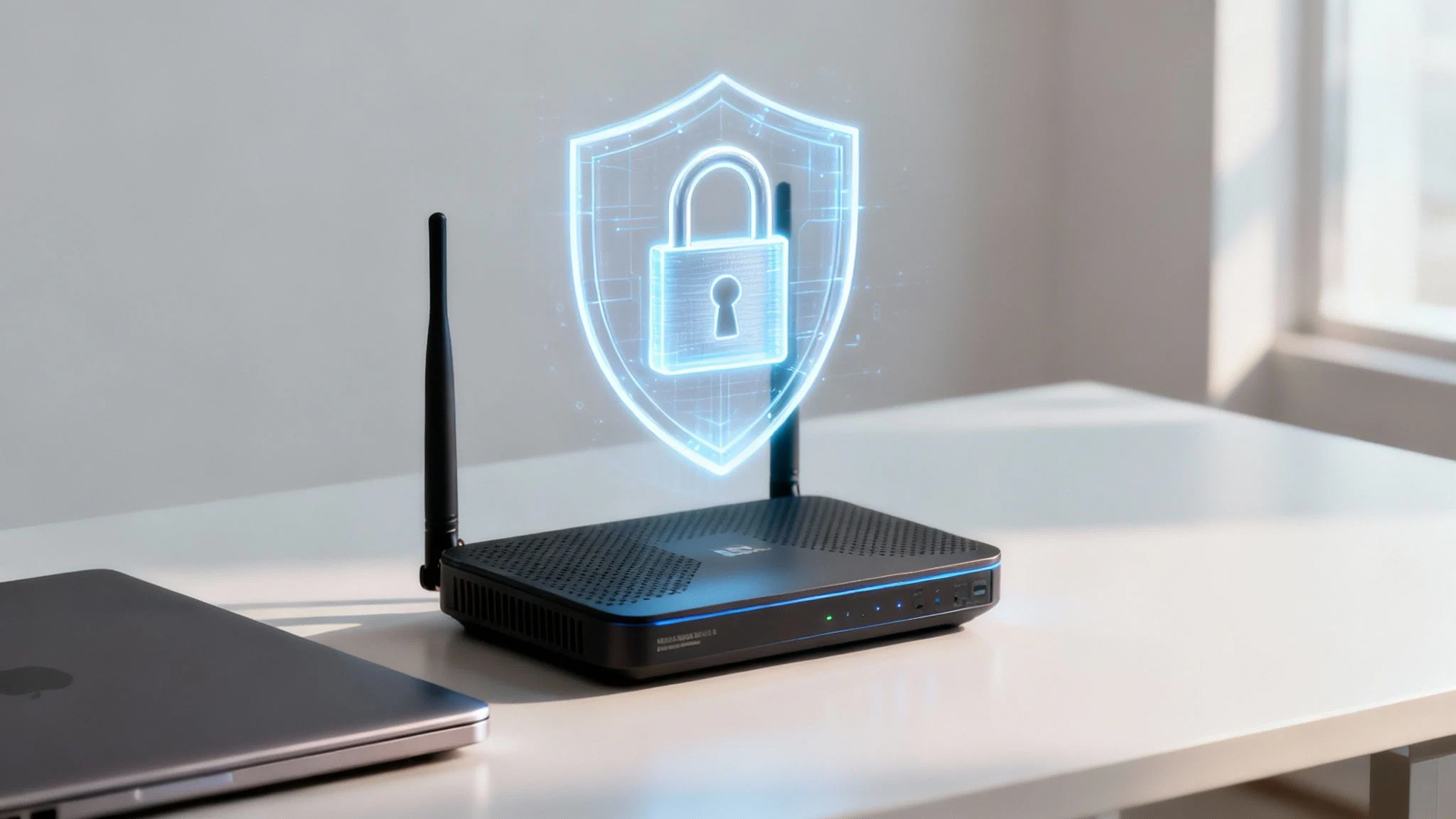 A visual representation of a digital fortress with a glowing shield, symbolizing a secure network perimeter.