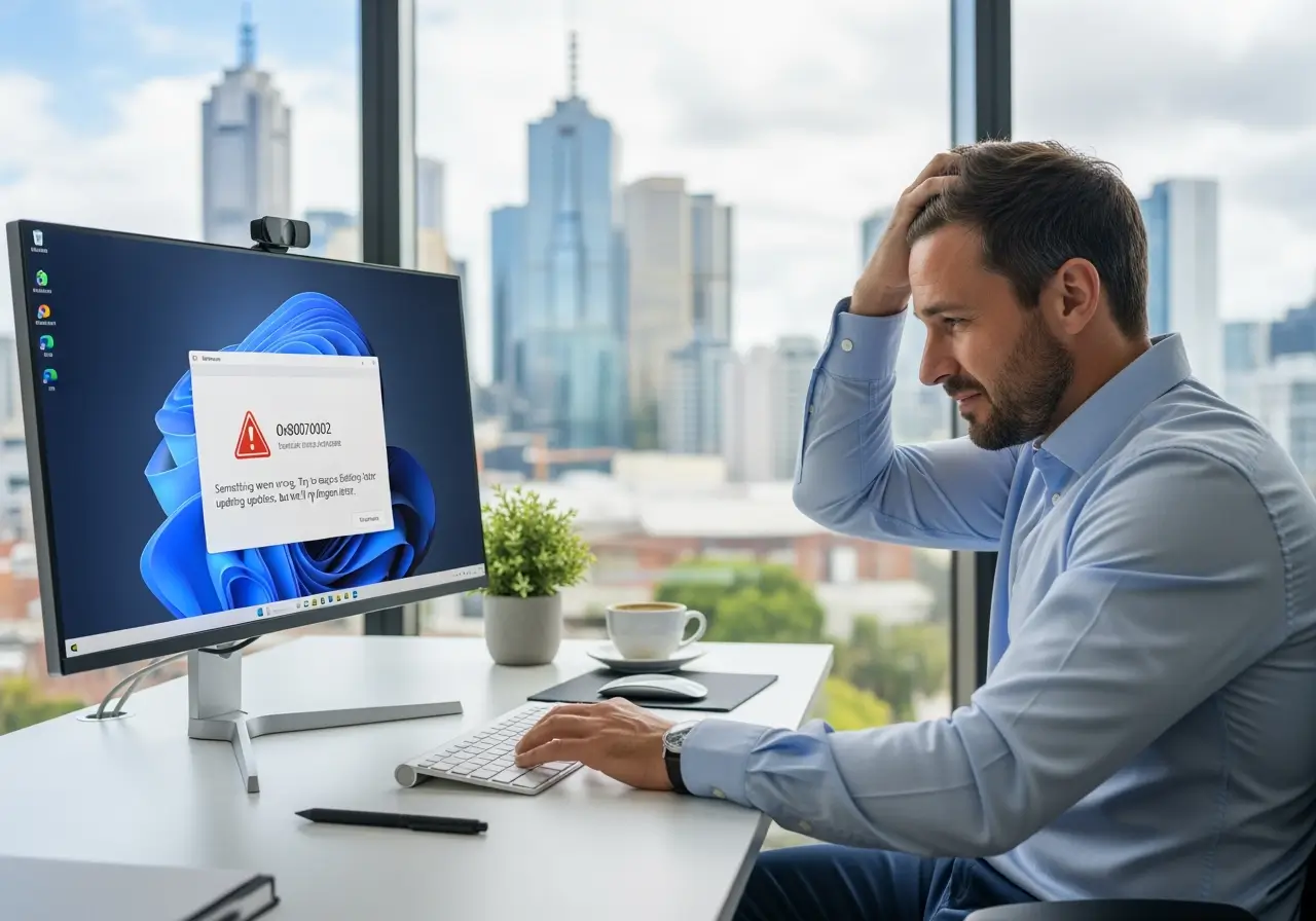 A man in an office looks stressed whilst sitting at a desk with a computer displaying an error message. City buildings are visible through large windows behind him. A cup, plant, and notebook are on the desk.
