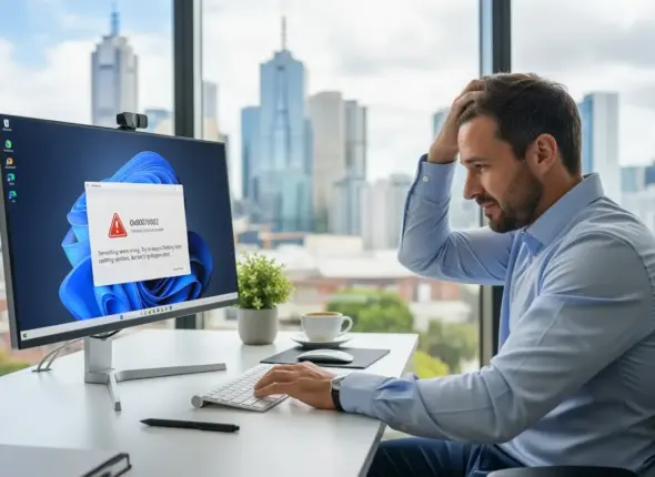 Man on desk installing update