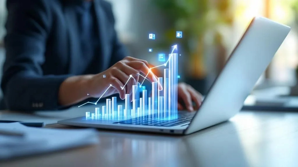 A person using a laptop with digital bar and line graphs rising above the keyboard, symbolising data analysis, business growth, or financial success. The scene suggests how tools like Microsoft Copilot enhance productivity in a modern Business Guide setting.