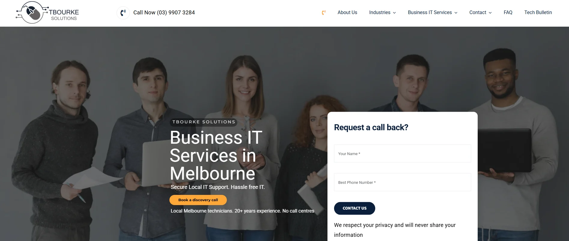 Five people stand side by side holding laptops and tablets, smiling at the camera. Overlaid text reads Business IT & email hosting services in Melbourne for Australian businesses, alongside a contact form to request a callback on the right.