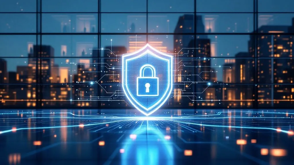 A glowing digital shield with a padlock icon is displayed in front of a city skyline at night, highlighting Endpoint Security to protect your business and symbolise cybersecurity in a high-tech environment.