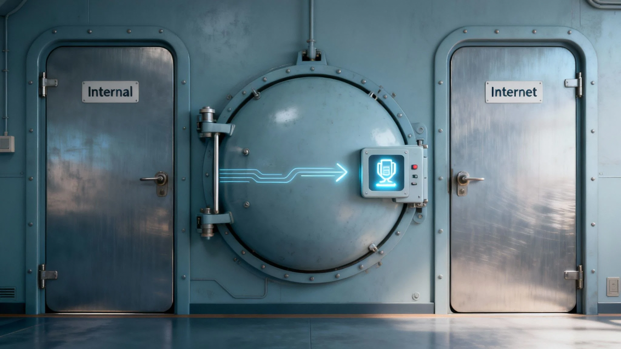 A large round vault door is flanked by two metal doors labelled Internal and Internet. A glowing arrow points from Internal to a microphone icon on the vault door, suggesting data transfer.