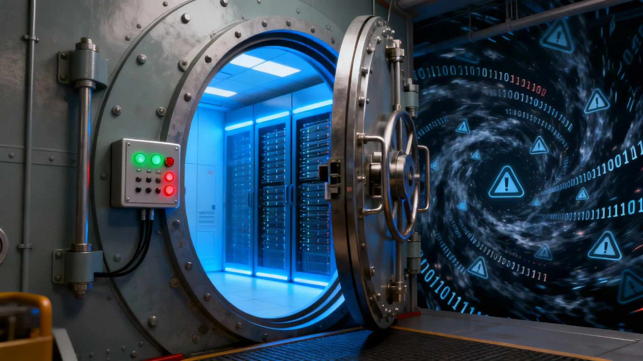 A large vault door opens to reveal a room of servers with blue lighting, whilst a digital vortex with binary code and warning signs swirls on the right, symbolising a cyber or data security threat.