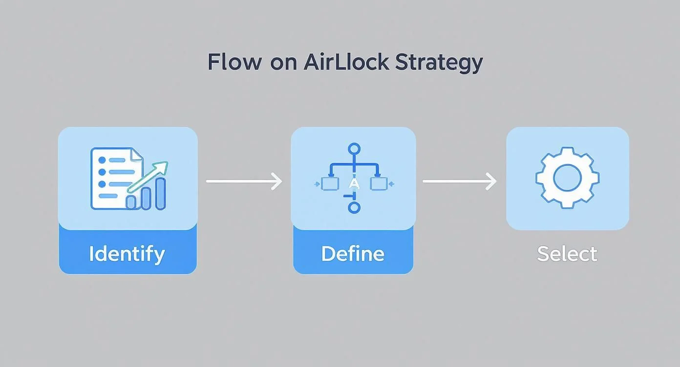 A flowchart titled Flow on AirLock Strategy shows three steps: Identify (with a graph icon), Define (with a flowchart icon), and Select (with a gear icon), connected by arrows.
