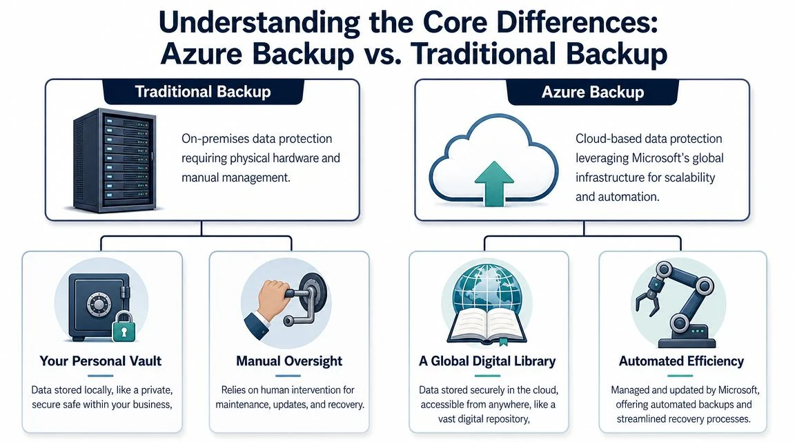 A comparison infographic highlighting the differences between on-premises traditional backup and cloud-based Azure Backup solutions.