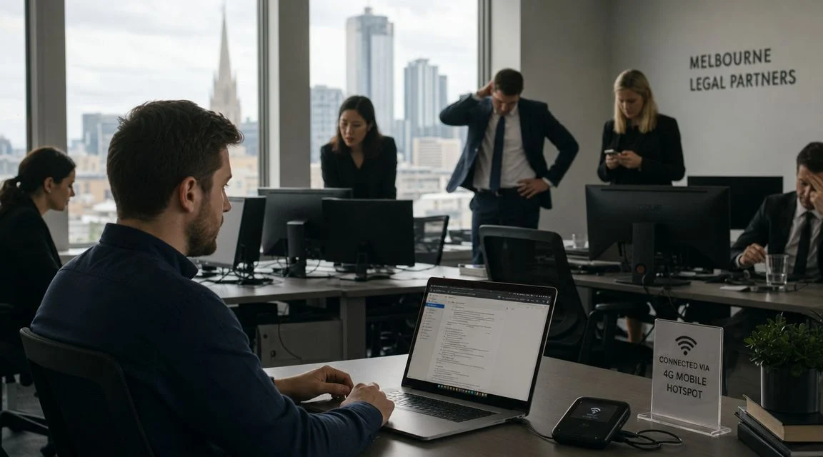 A professional team working in a modern office in Melbourne with a 4G mobile hotspot on their desk.