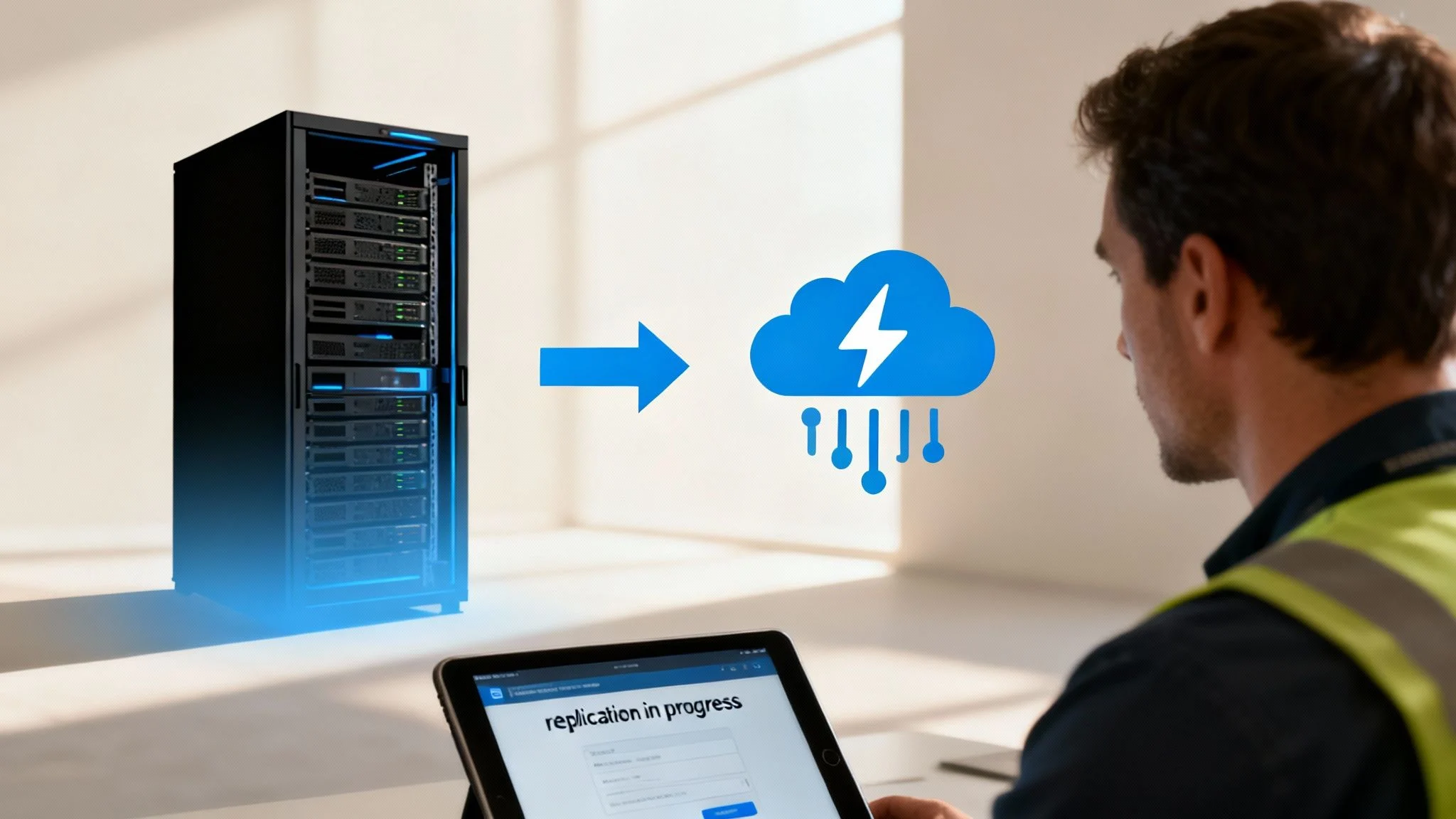 A man using a tablet monitors data replication as indicated by an arrow from a server rack to a blue cloud icon with a lightning bolt, symbolising cloud data transfer.