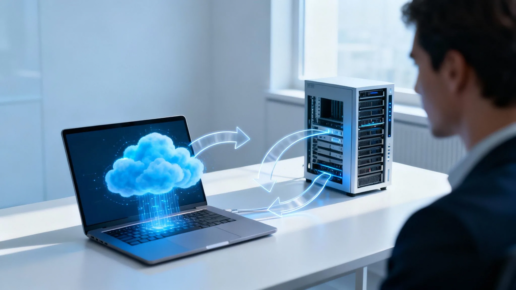 A person sits at a desk with a laptop and a server. Digital cloud and arrows illustrate data transfer between the laptop and the server, symbolising cloud computing or data backup.
