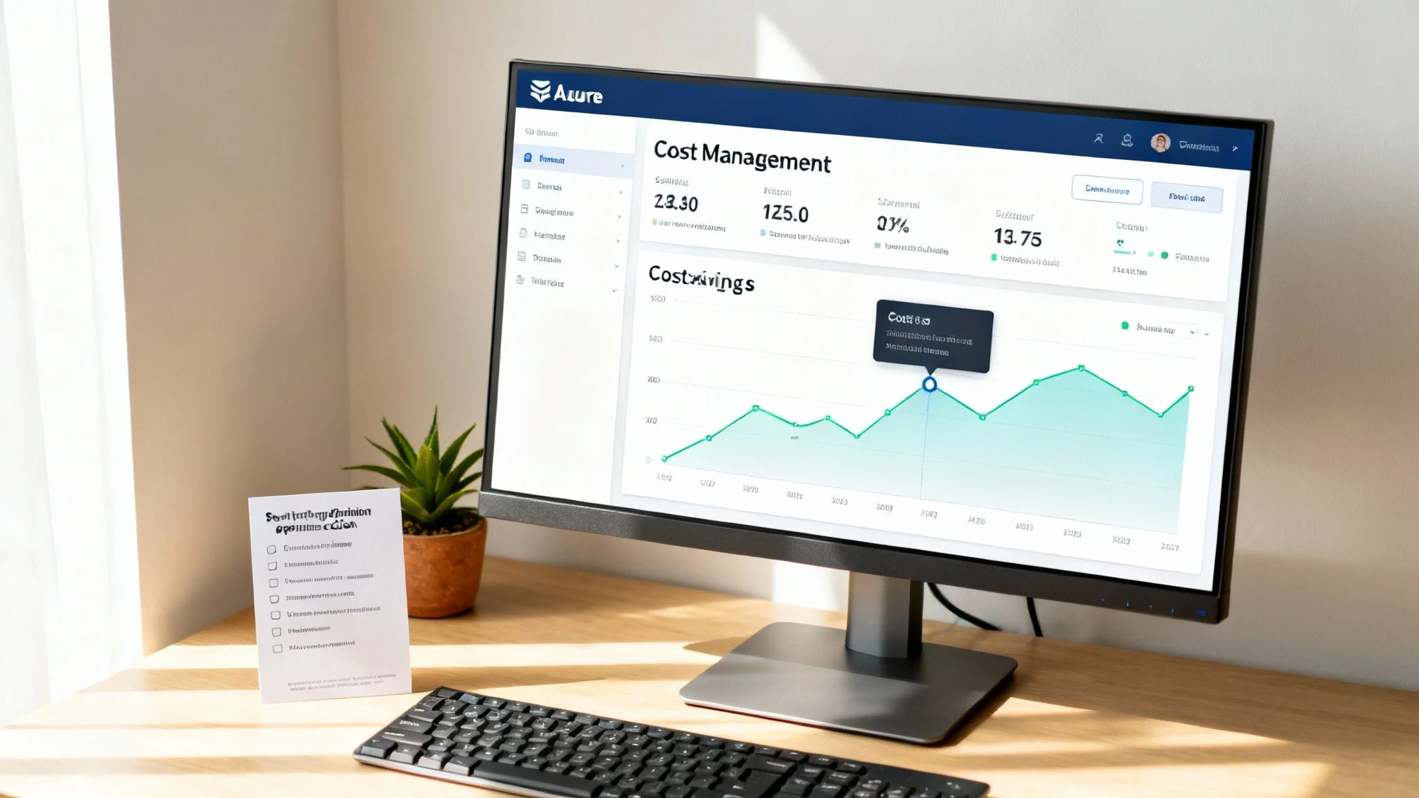 A computer monitor on a wooden desk displays an Azure Cost Management dashboard with graphs and statistics. A small plant, keyboard, mouse, and printed checklist are also on the desk, next to a window with natural light.