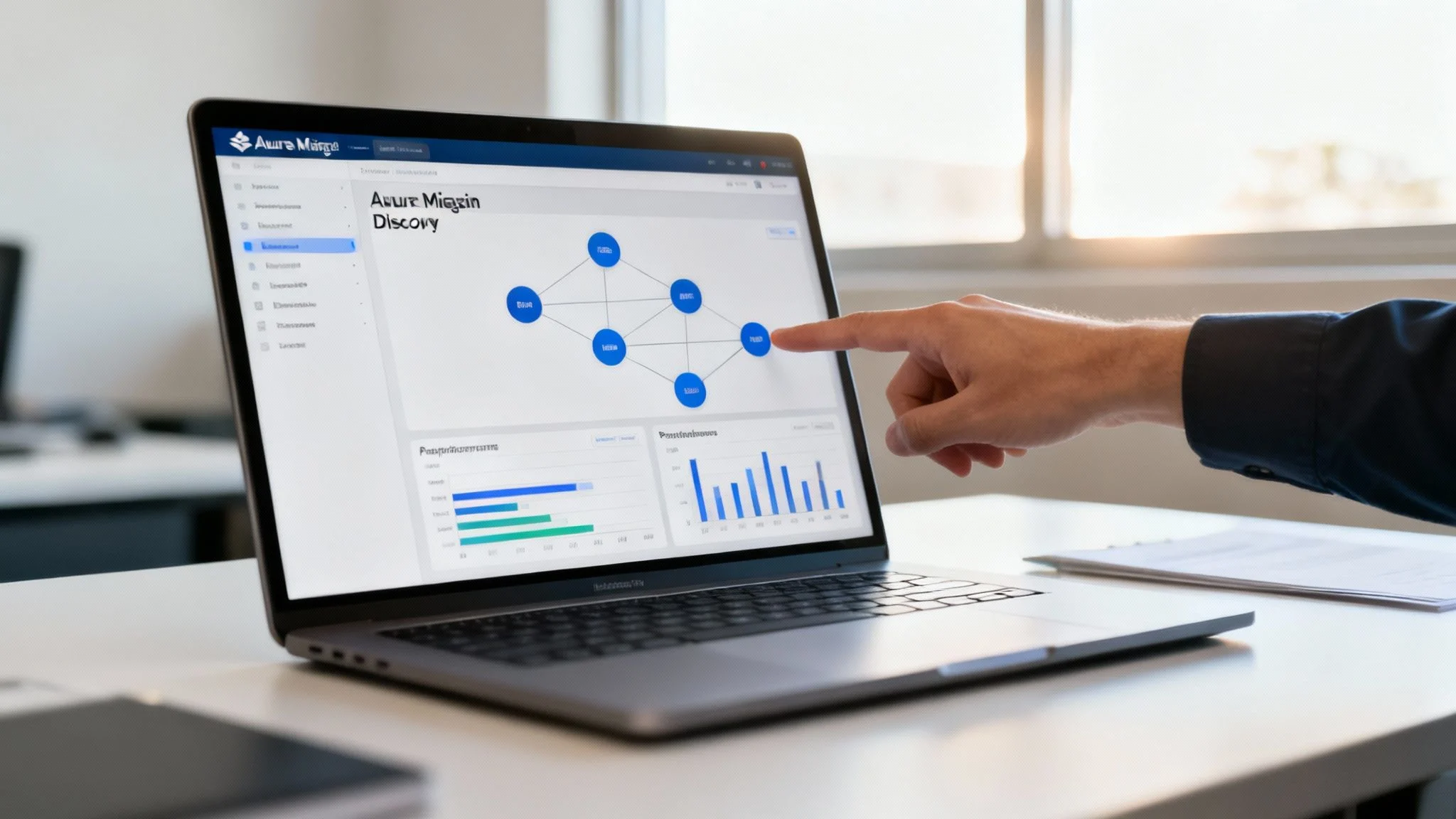 A person points at a laptop screen displaying data analytics with graphs, charts, and a network diagram on a dashboard labelled Aura Mitgin Discovery. The scene is set in a modern office environment.