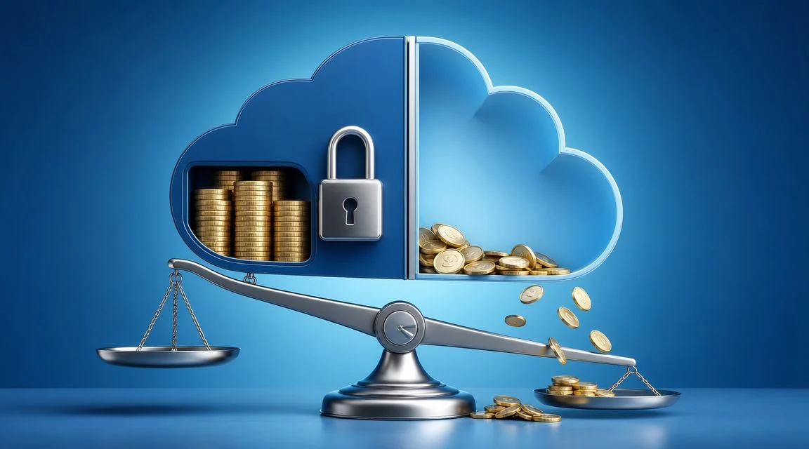 A cloud-shaped scale balances stacks of coins, symbolizing the comparison between Azure Reserved Instances and