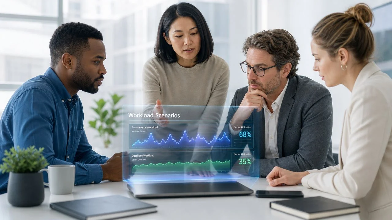 A diverse group of professionals collaborating while analyzing digital workload data on a holographic display screen.