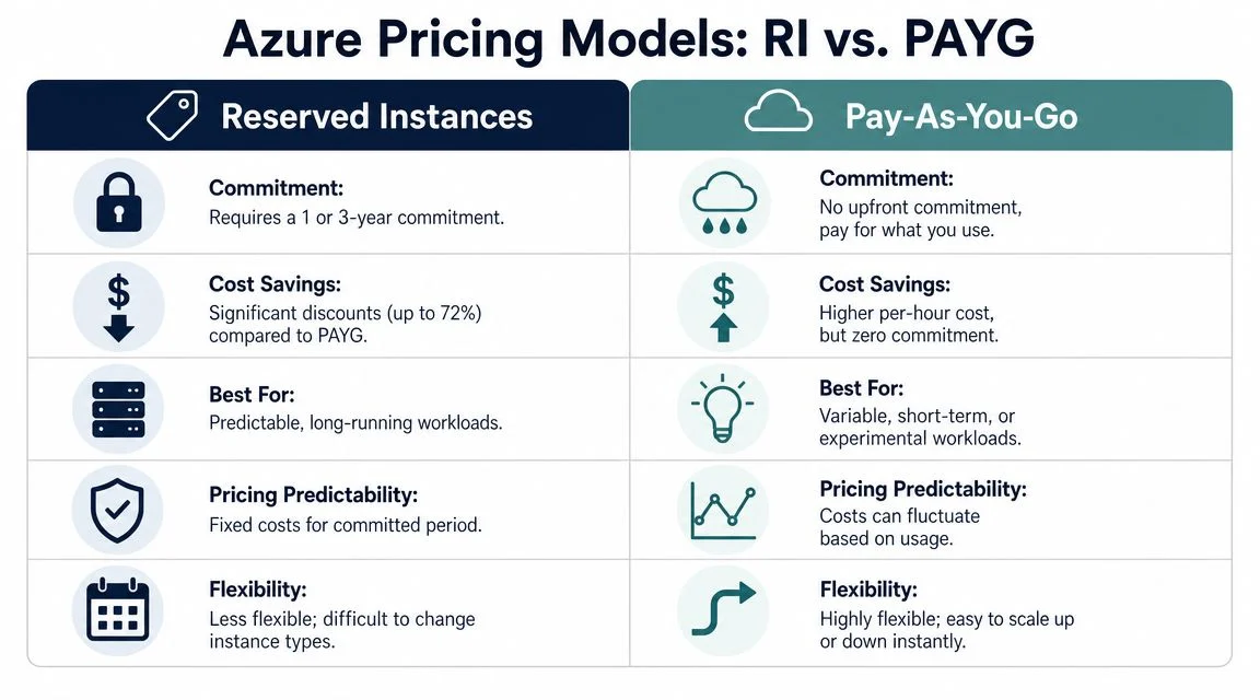 A comparison chart outlining the key differences between Azure Reserved Instances and Pay-As-You-Go pricing models.