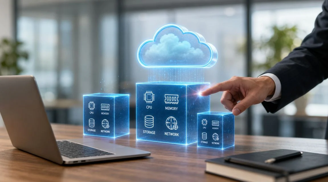 A person’s hand touches a virtual display with cloud computing icons above a desk, next to a laptop and notebook. Holographic cubes show CPU, memory, storage, and network icons connected to a cloud symbol.