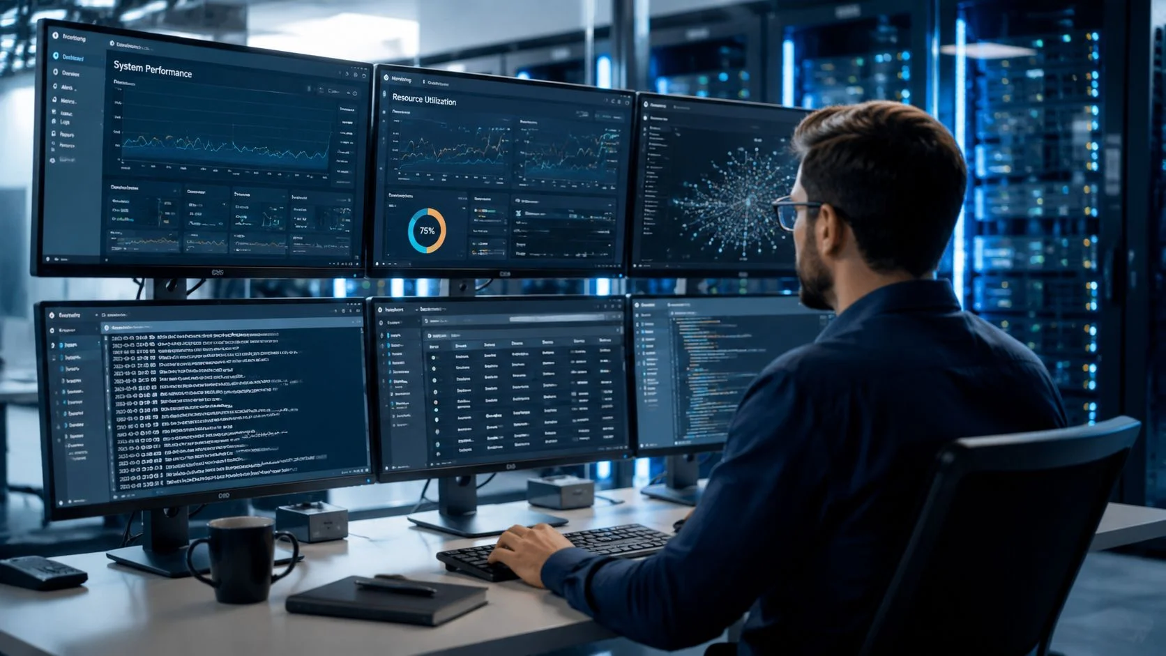 A data center IT specialist monitors system performance, resource utilization, and code on multiple computer screens.
