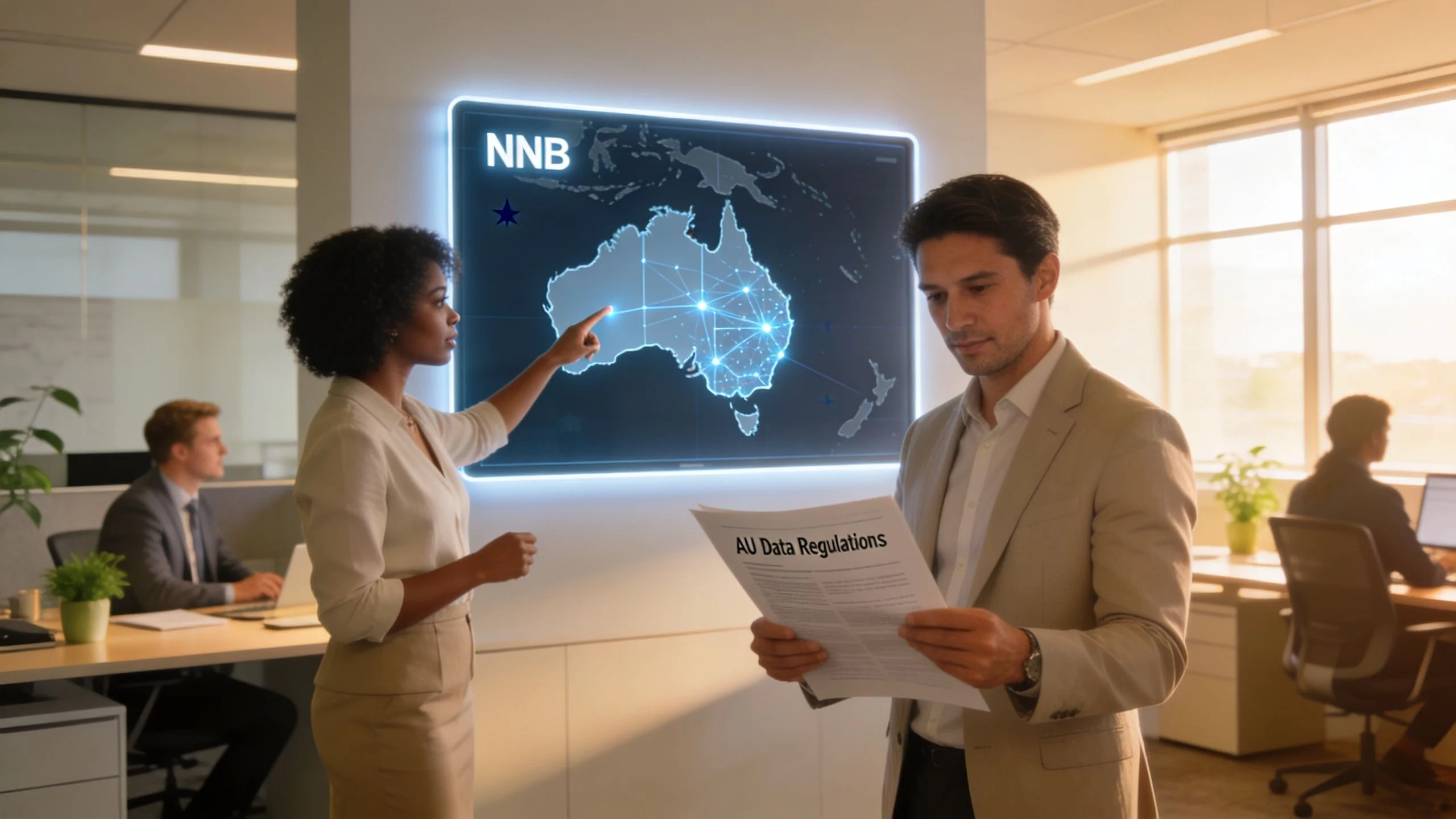 A professional woman presenting data on a digital map of Australia while her male colleague reviews documents.