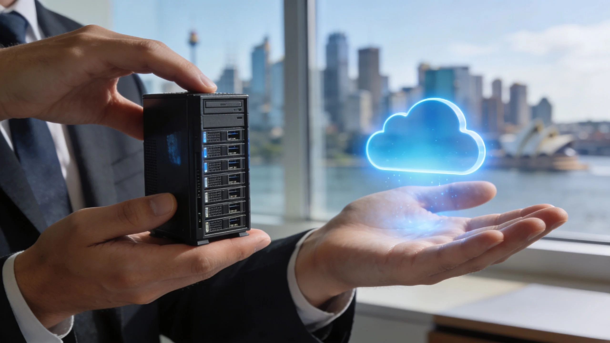 A person in a suit holds a small server in one hand and a glowing cloud icon above their other hand, with a city skyline and water visible through a window in the background.