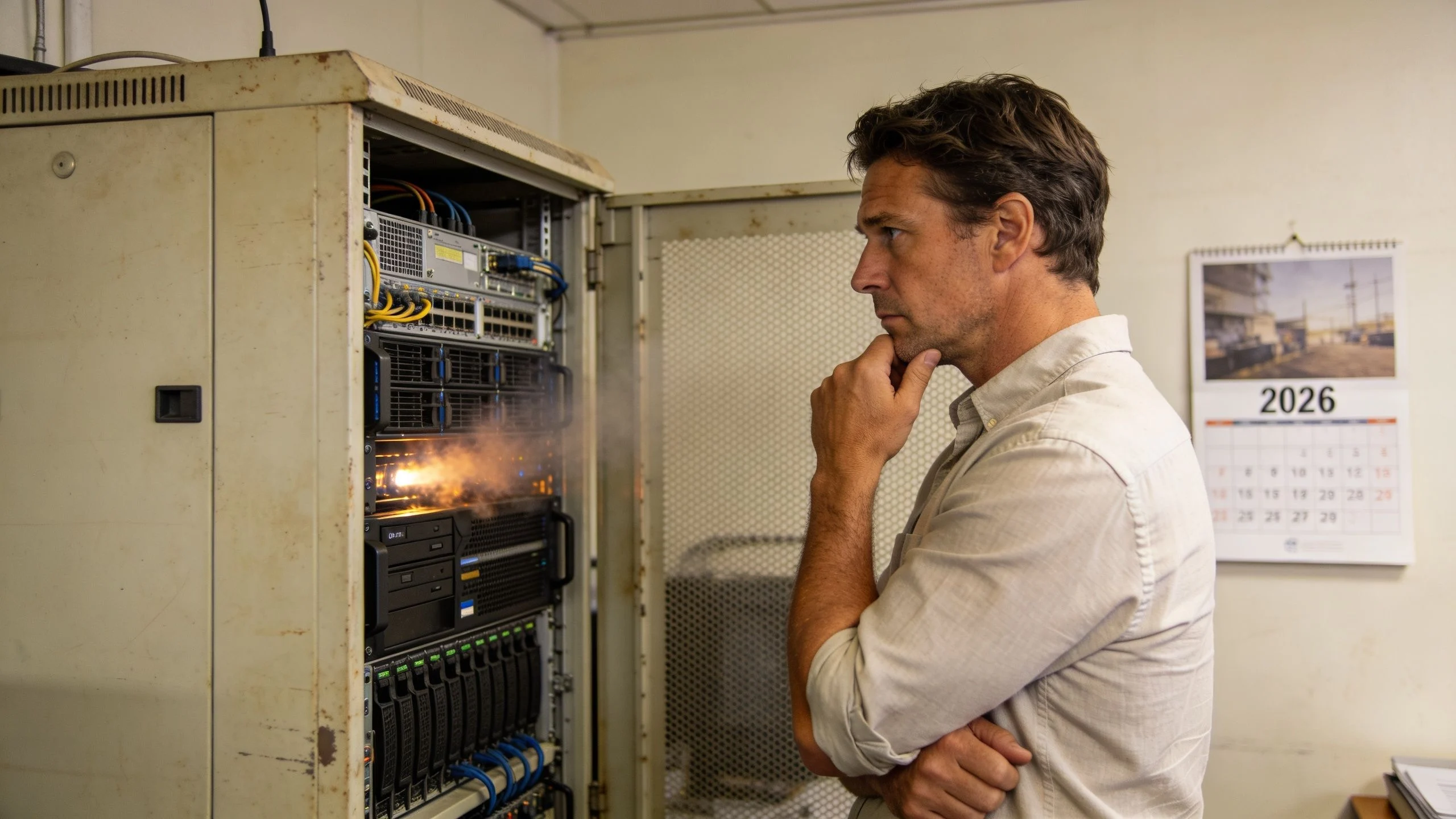 A concerned IT professional looking at a smoking, overheating server rack in an office server room.