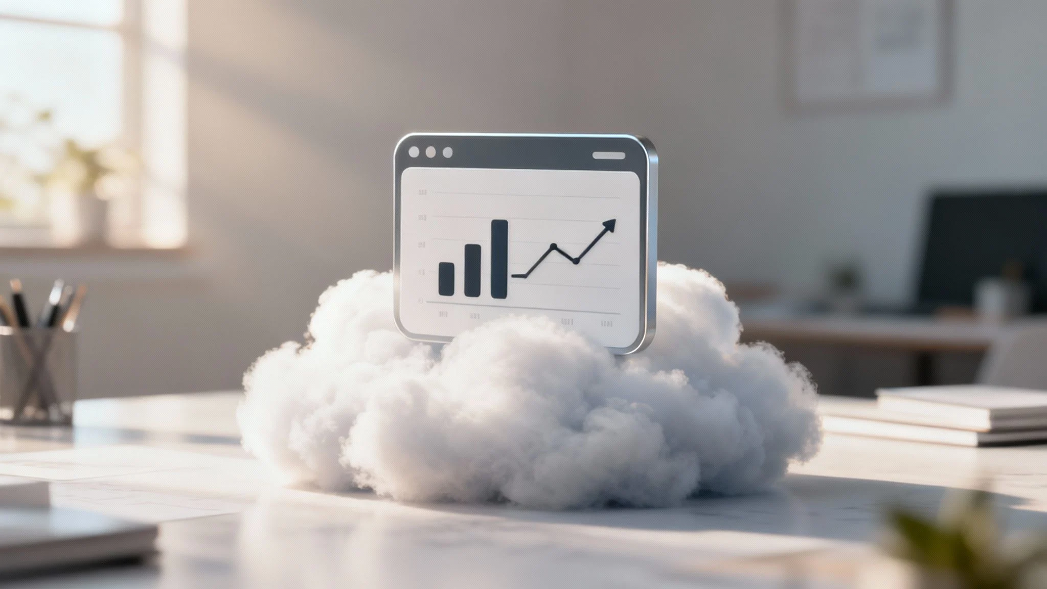 A digital graph with bar and line charts appears above a fluffy cloud on a desk in a bright office, symbolising cloud computing and data analytics.