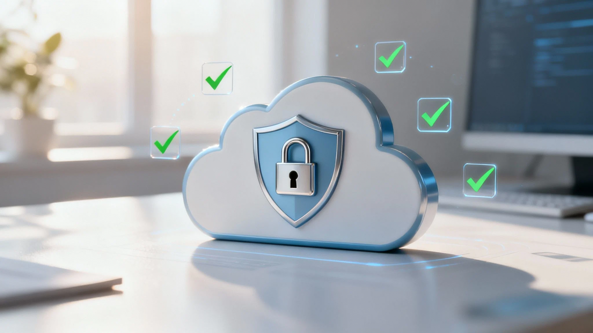 A cloud-shaped object with a shield and padlock icon sits on a desk, symbolising cloud security. Green tick marks surround the cloud, indicating verification or protection, with computer screens in the blurred background.
