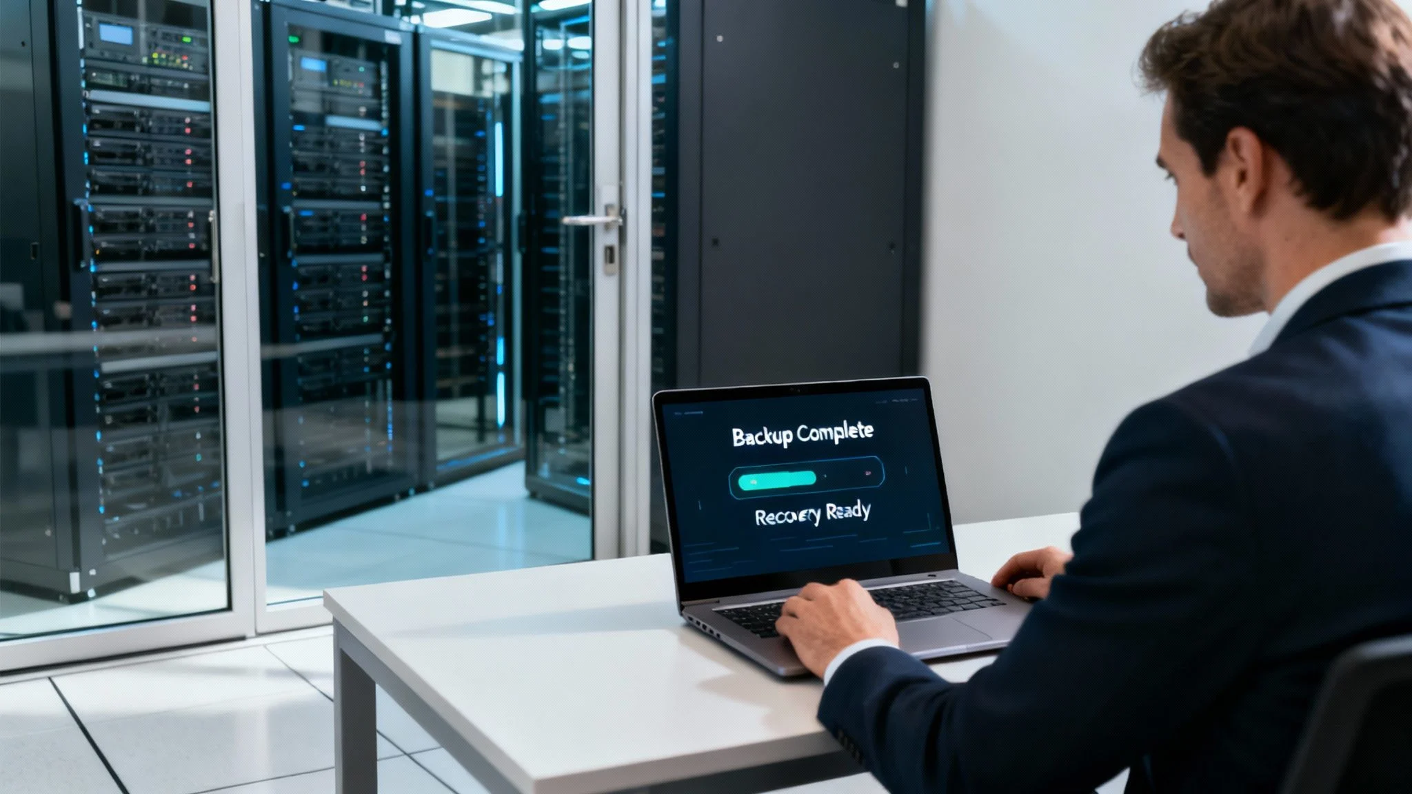 A man in a suit sits at a desk in a server room, using a laptop that displays a Backup Complete message with Recovery Ready. Server racks with cables and lights are visible through a glass wall in the background.