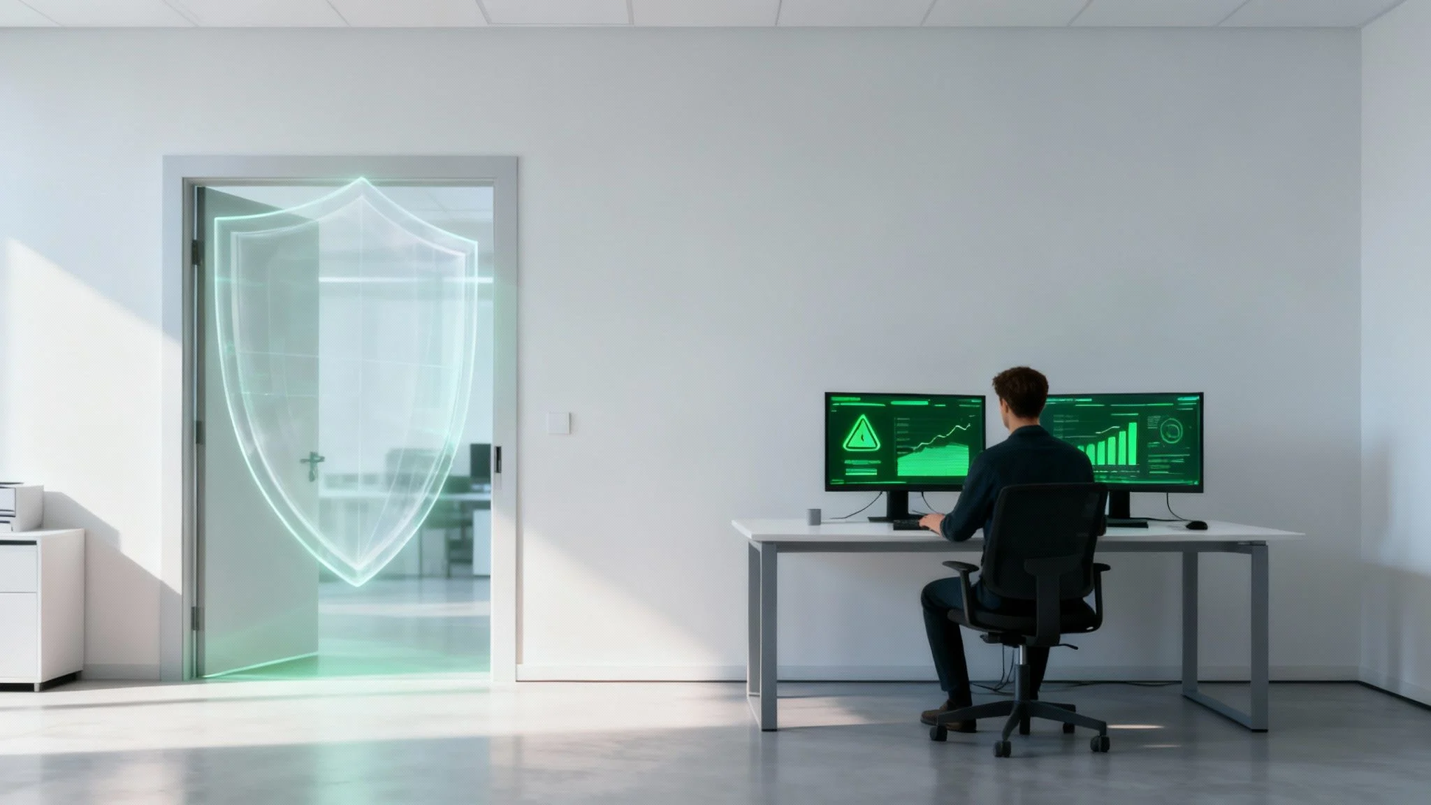 A person sits at a desk with two computer monitors displaying data and graphs. A translucent, glowing shield symbol is visible over an open door in a modern, bright office.