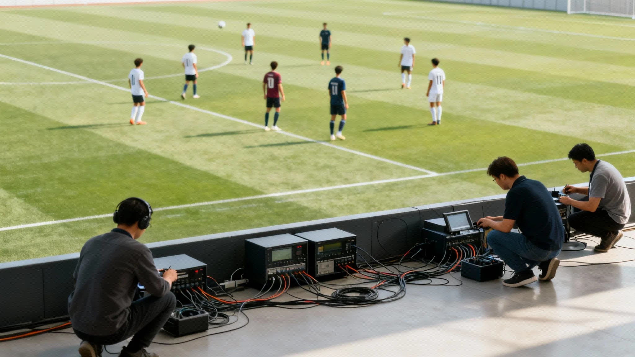 Three people operate electronic equipment with cables beside a football pitch, while a group of players stands on the pitch preparing for a free kick. The scene suggests a live sports broadcast or analysis setup.