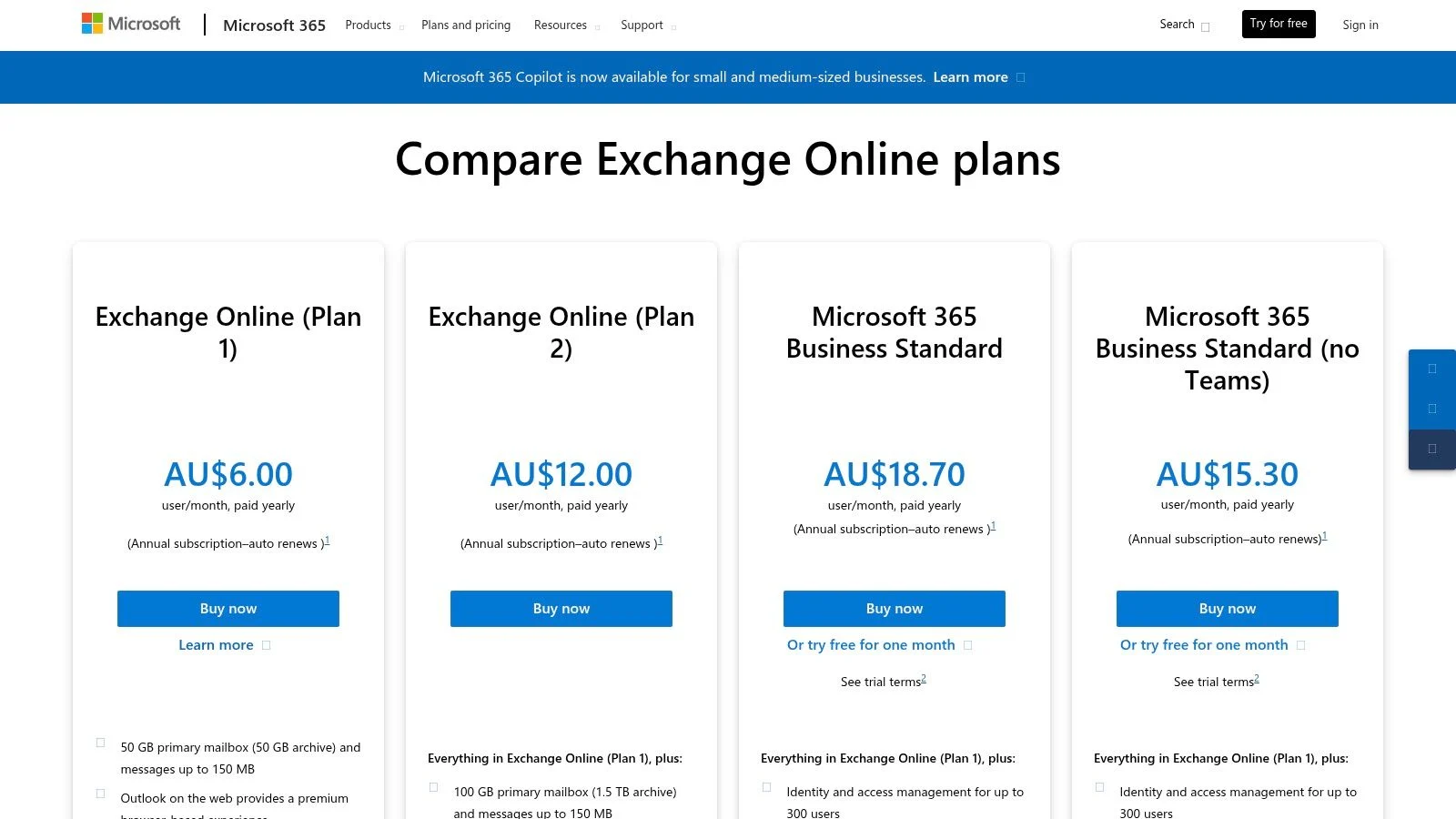 Screenshot of a Microsoft 365 webpage comparing four Exchange Online plans, showing plan names, prices in AUD, features, and “Buy now” or “Try free for one month” buttons under each plan. The page header and navigation are visible.