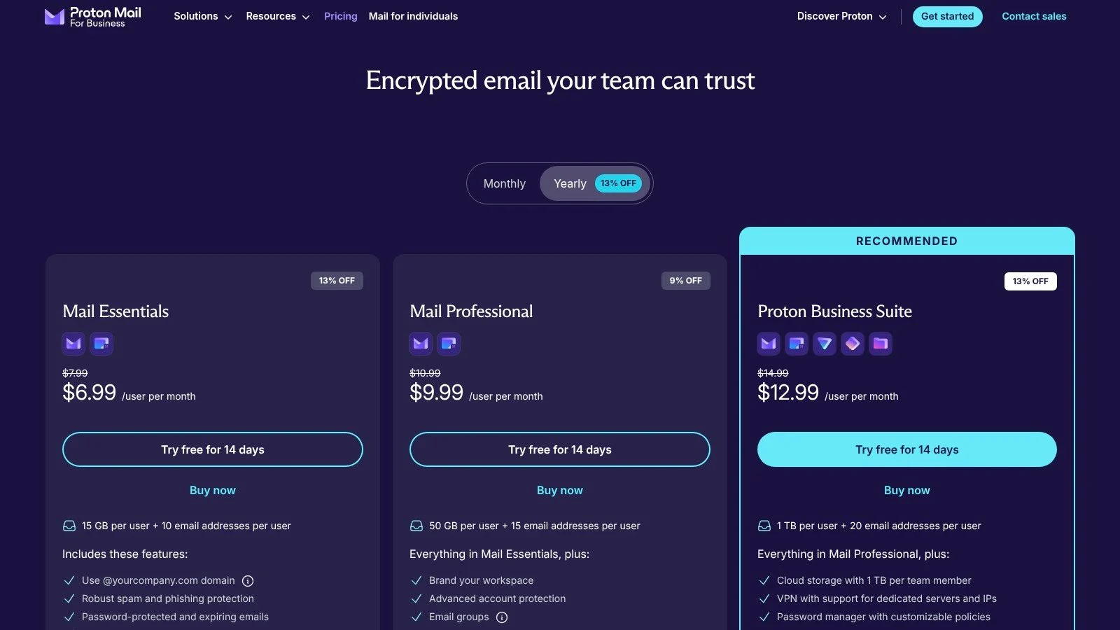 Three Proton Mail for Business pricing plans displayed on a dark interface: Mail Essentials (£6.99), Mail Professional (£9.99), and Proton Business Suite (£12.99), each with features and a “Try free for 14 days” button.