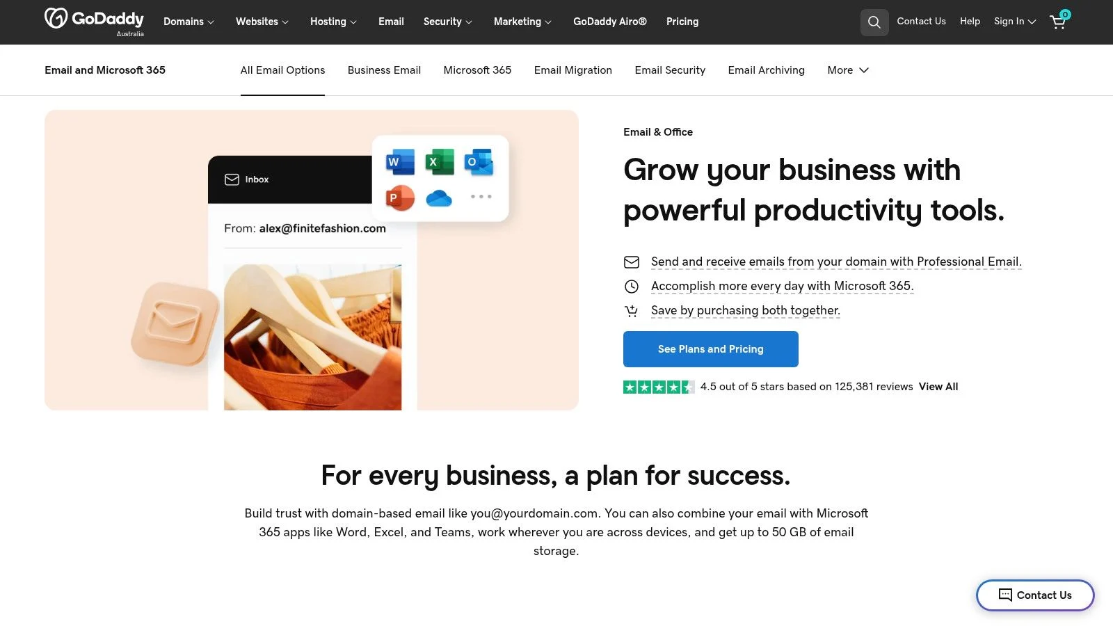 Screenshot of the GoDaddy website’s Email & Office page, featuring a headline about business productivity tools, an email preview, pricing options, and a section promoting professional email plans for businesses.