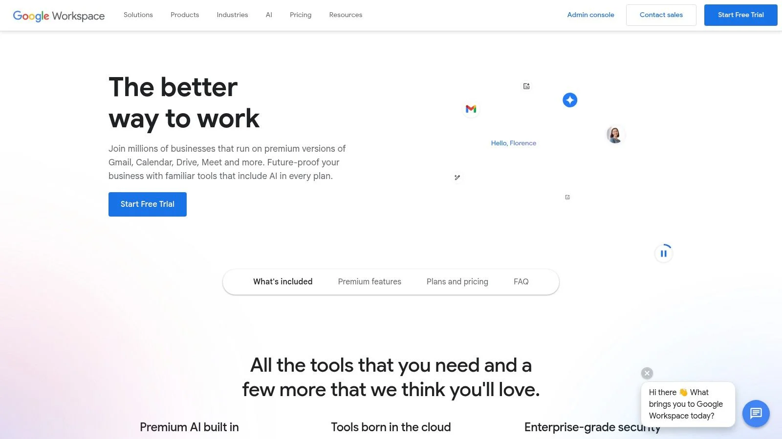 Screenshot of the Google Workspace homepage featuring the headline The better way to work, a Start Free Trial button, and navigation links for features, plans, and pricing. Some icons for Google apps are also visible.