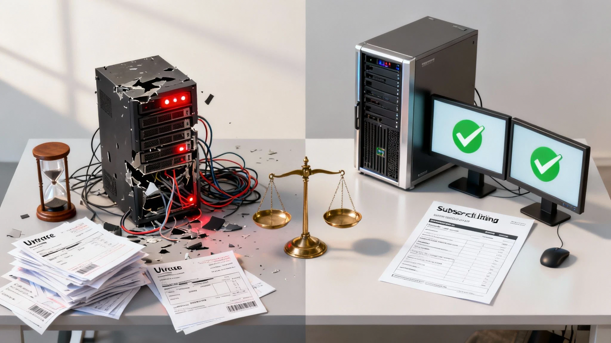 The image contrasts two setups: on the left, a chaotic Break fix IT support environment with tangled wires and broken hardware; on the right, an organised computer under Managed IT, neat documents, and monitors showing green tick marks.
