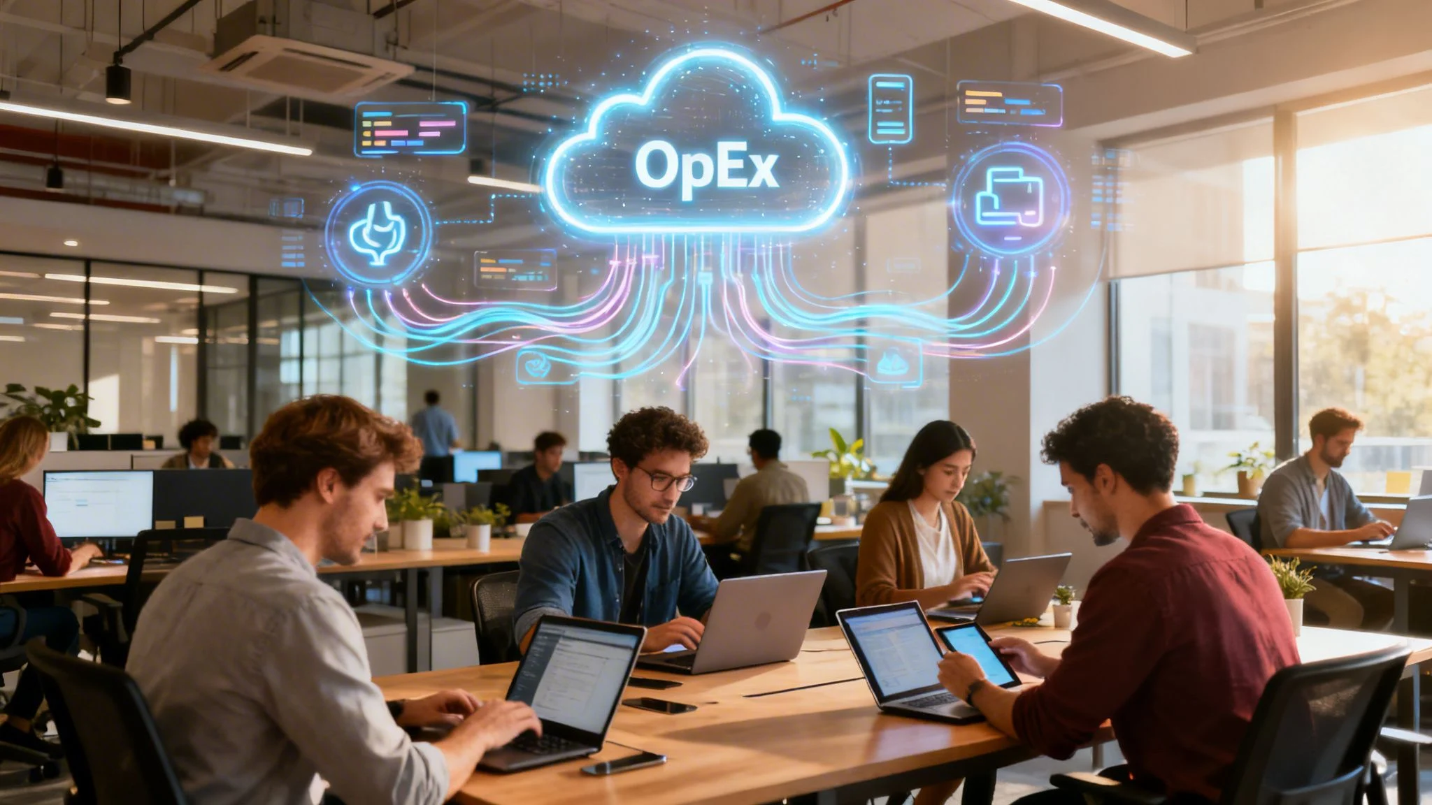 A professional team working on laptops in a modern office with digital cloud computing elements overlaid above.