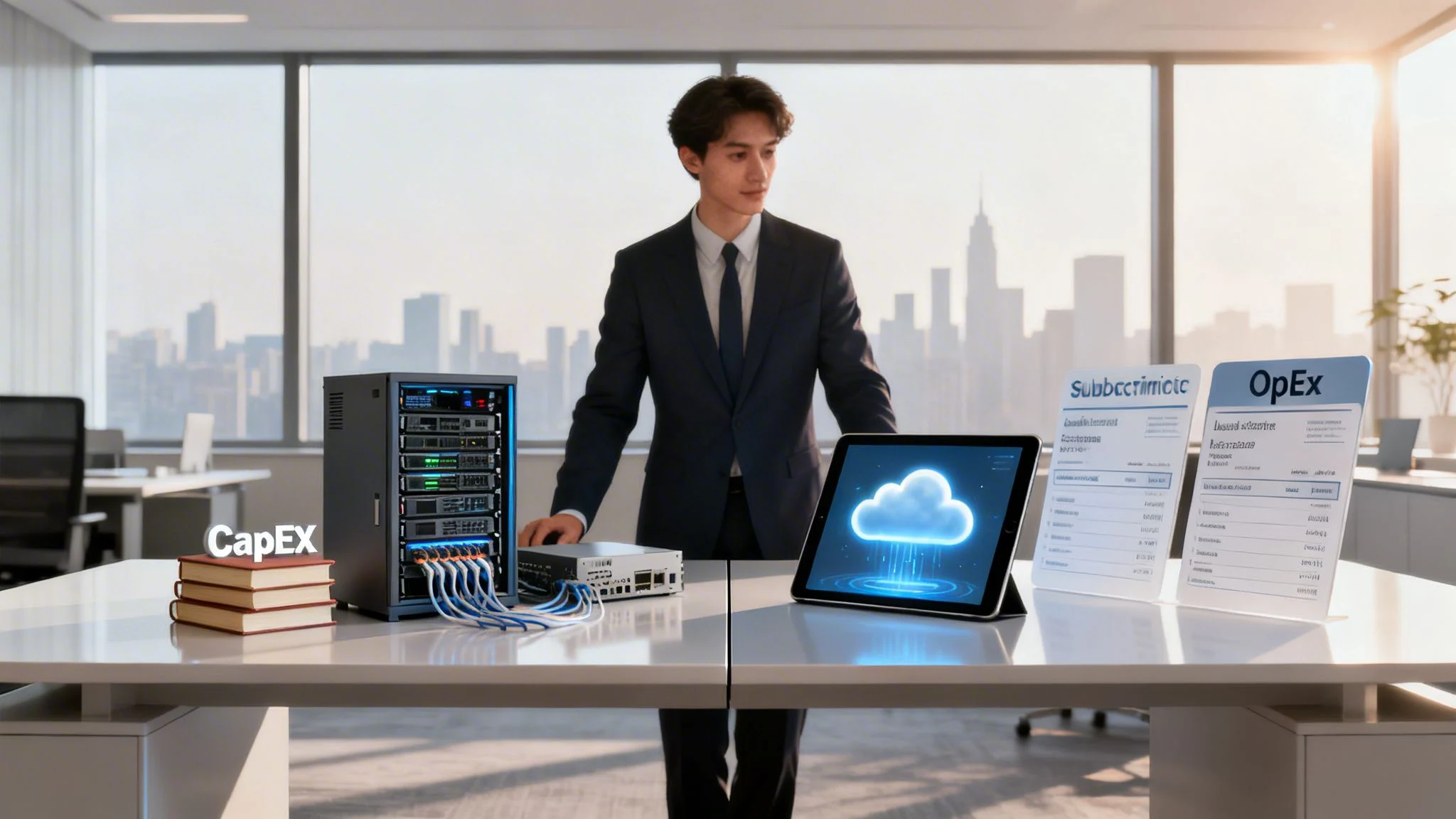 A man in a suit stands in an office by a table with servers, network devices, a tablet displaying a cloud icon, and documents labelled CapEx, OpEx, and Subctcmic. A city skyline is visible through large windows.